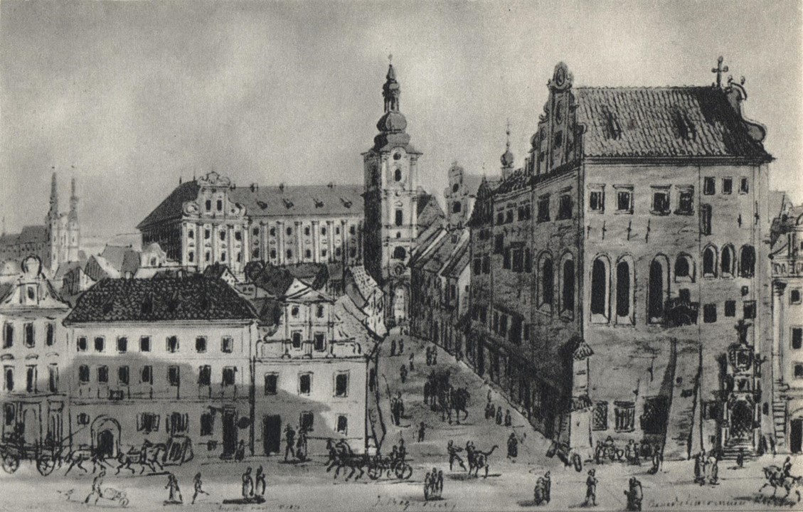Rycina z widokiem na Pałac Górków od ulicy Klasztornej